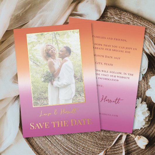 Lesbian Wedding Photo Pride Flag Gradient Gold Folie Uitnodiging