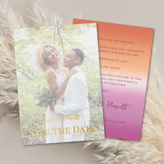 Lesbian Wedding Photo Pride Flag Gradient Gold Folie Uitnodiging