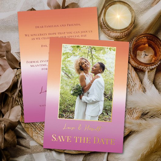 Lesbian Wedding Photo Pride Flag Gradient Gold Folie Uitnodiging