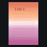 Lesbian Wedding Pride Flag Gradient Table Numbers Kaart<br><div class="desc">Lesbian wedding table number cards for two brides featuring the lesbian pride flag gradient—soft pink blending to warm orange. The front displays "Table" with an editable line for the table number. The back features your names, wedding date, and pre-formatted lines for handwriting the guest list for each table. These practical...</div>