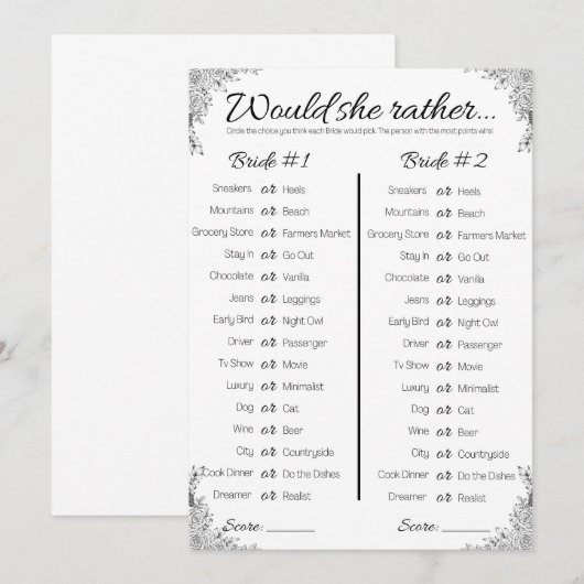 Lesbian Wedding Shower Game, zou ze liever hebben? Kaart (Voorkant / Achterkant)