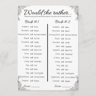 Lesbian Wedding Shower Game, zou ze liever hebben? Kaart