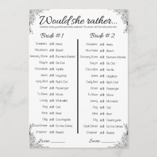 Lesbian Wedding Shower Game, zou ze liever hebben? Kaart