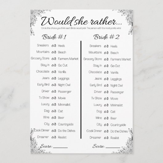 Lesbian Wedding Shower Game, zou ze liever hebben? Kaart (Voorkant)