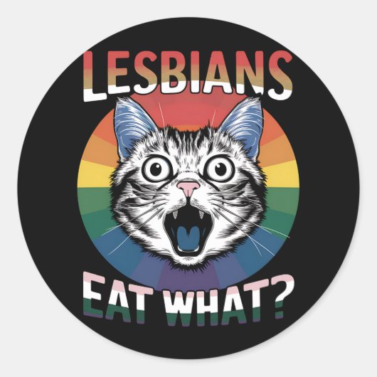 Lesbiennes Eet Wat Kat Humor LGBTQ Pride Flag Ronde Sticker (Voorkant)
