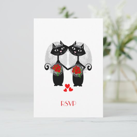 Lesbisch Huwelijk Cool Cat Lieve Bruiden Trouwen RSVP Kaartje (Staand voorkant)