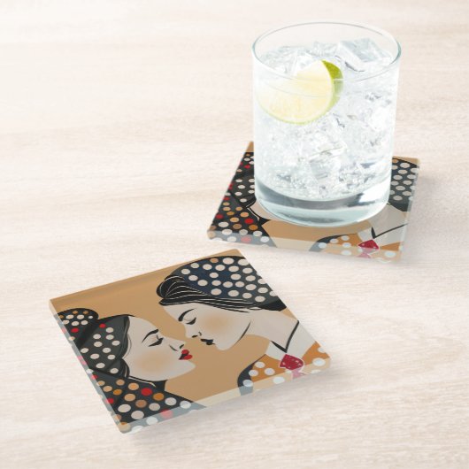 Lesbisch Paar en Abstracte Stippen Glazen Onderzetter (Schuin)