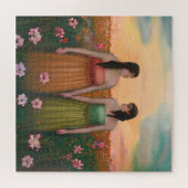 Lesbisch Paar Holding Handen in Weiland van Bloeme Legpuzzel (Horizontaal)