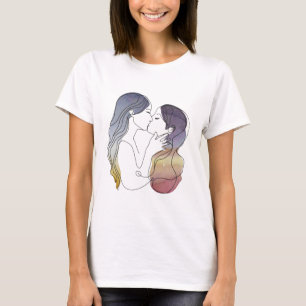 Lesbisch Paar in Liefde Minimalistische Line Art T-shirt