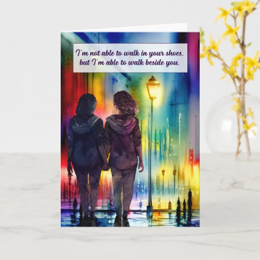 Lesbisch paar lopen naast je gay regenboog kaart (Gele Bloem)