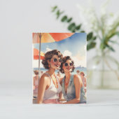 Lesbisch paar op Retro Sapphic Beach Party Briefkaart (Staand voorkant)