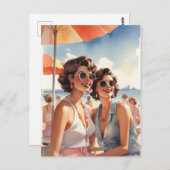 Lesbisch paar op Retro Sapphic Beach Party Briefkaart (Voorkant / Achterkant)
