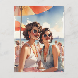 Lesbisch paar op Retro Sapphic Beach Party Briefkaart