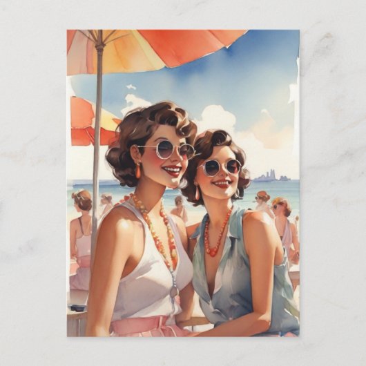Lesbisch paar op Retro Sapphic Beach Party Briefkaart (Voorkant)