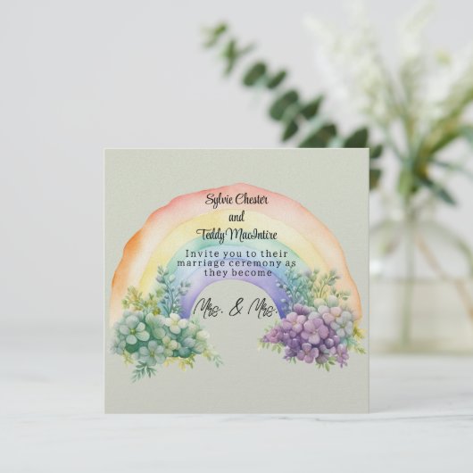 Lesbisch paar regenboog bruiloft uitnodiging (Staand voorkant)