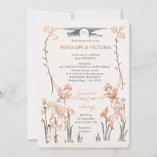 Lesbisch vintage bloem bruiloft uitnodiging (Voorkant)