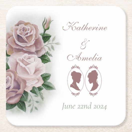 Lesbische bruiden Regency Roze Rozen Kartonnen Onderzetters (Voorkant)