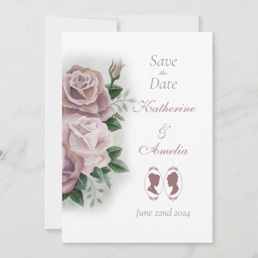 Lesbische bruiden Regency Roze Rozen Save The Date (Voorkant)