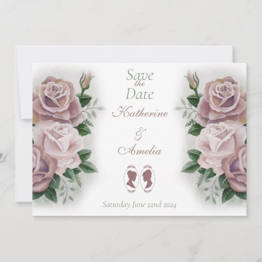 Lesbische bruiden Regency Roze Rozen Save The Date (Voorkant)