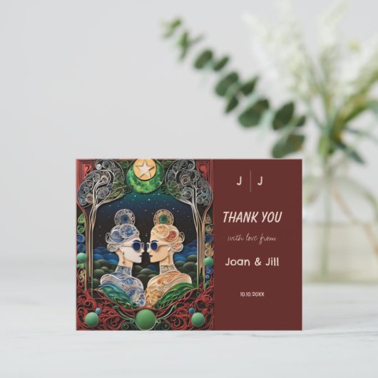 Lesbische bruiloft dank u briefkaart (Staand voorkant)