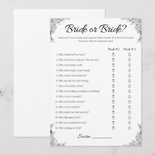 Lesbische bruiloft douche spel, bruid of bruid, kaart (Voorkant / Achterkant)