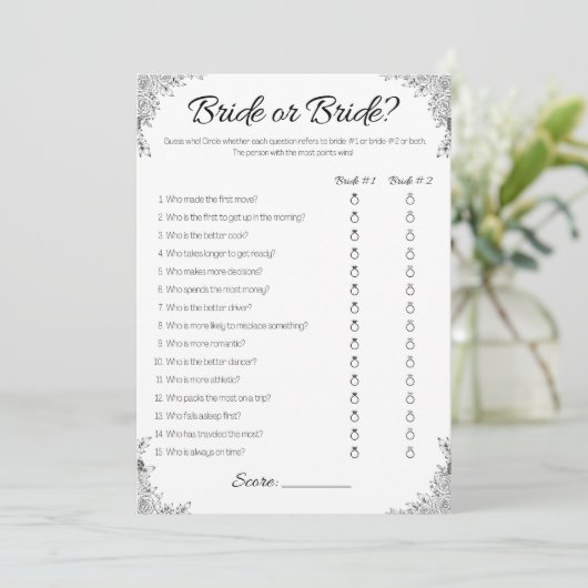 Lesbische bruiloft douche spel, bruid of bruid, kaart (Staand voorkant)