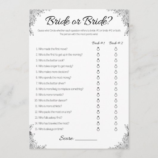 Lesbische bruiloft douche spel, bruid of bruid, kaart (Voorkant)