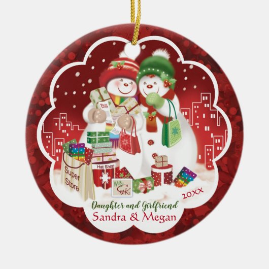 Lesbische, Dochtere en Vriendin, sneeuwvrouwen, Keramisch Ornament (Voorkant)