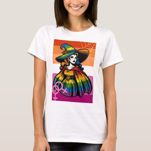 Lesbische heks in regenboogvlag kleding t-shirt (Voorkant)