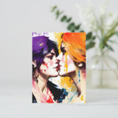 Lesbische Lovers Kus Kleurrijke Verf Spletters Briefkaart (Staand voorkant)