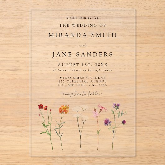 Lesbische Pride Floral Wedding Acryl Uitnodigingen (Voorkant)