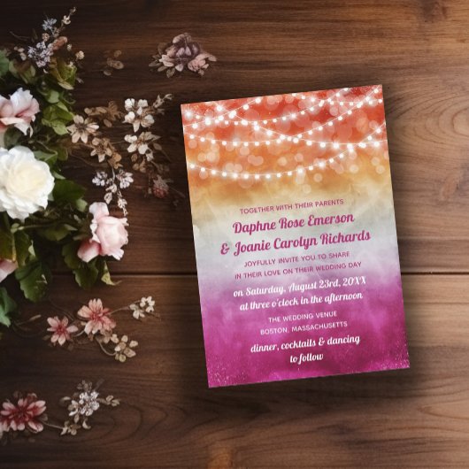 Lesbische vlag Ombre String Lights Bruiloft Kaart