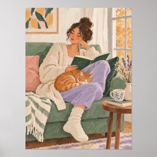 Lesende Frau mit Katze im Herbst – Poster (Voorkant)