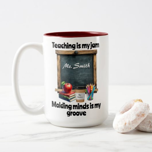 Lesgeven is mijn jam t-shirt tweekleurige koffiemok (Met donut)