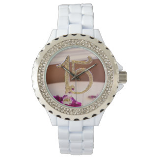 Leslie's Quinceanera Rhinestone Wit emaille horlog Horloge