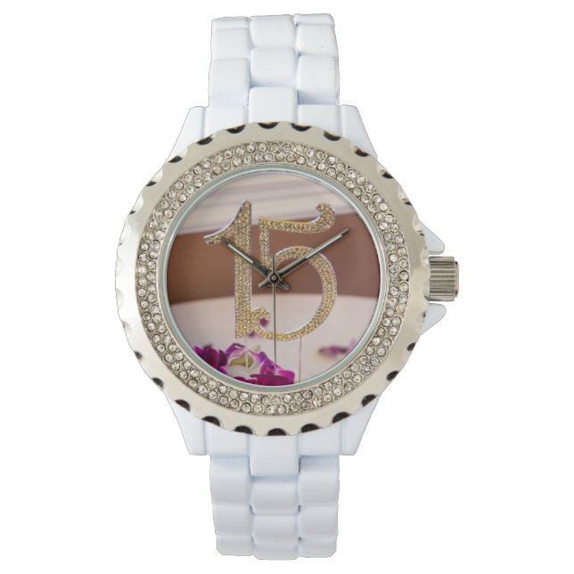 Leslie's Quinceanera Rhinestone Wit emaille horlog Horloge (Voorkant)