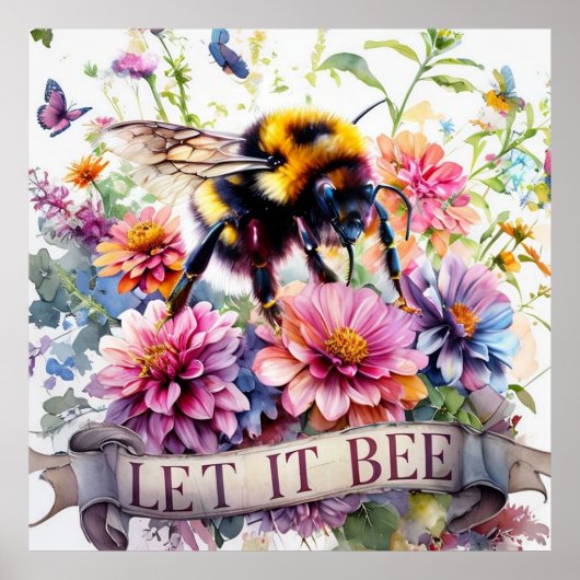 Let It Bee – Watercolor Bumblebee Spring Floral  Poster (Voorkant)