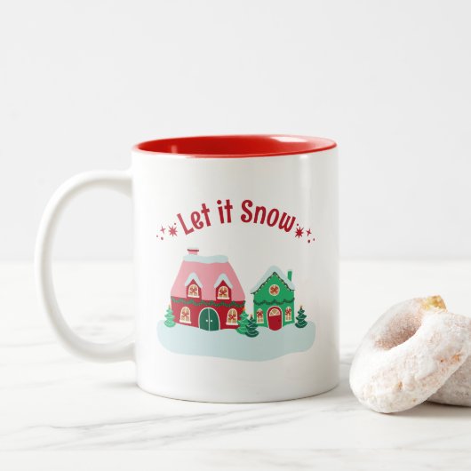 Let it Snow Christmas Village Mug Tweekleurige Koffiemok (Met donut)