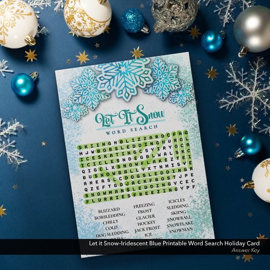 Let it Snow-Iridescent Blue Printable Word Search Feestdagenkaart