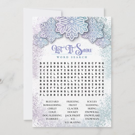 Let it Snow-Opal Blue Paarse afdrukbare woord zoek Feestdagenkaart (Voorkant)