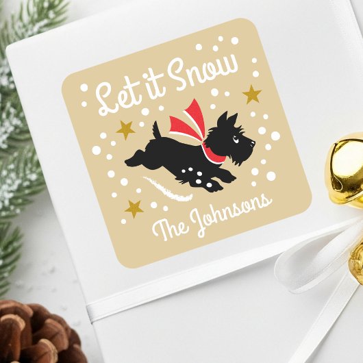 Let it Snow Schattige Scottie Dog Kerstnaam Goud Vierkante Sticker