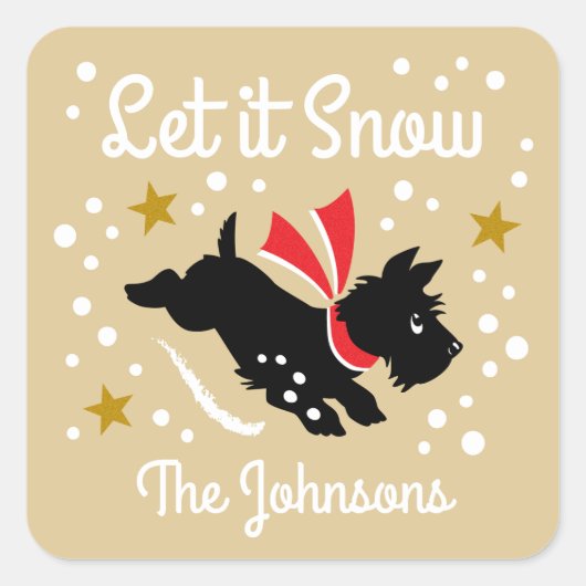 Let it Snow Schattige Scottie Dog Kerstnaam Goud Vierkante Sticker (Voorkant)