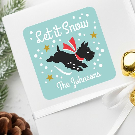 Let it Snow Schattige Scottie Dog Kerstnaam Groen Vierkante Sticker