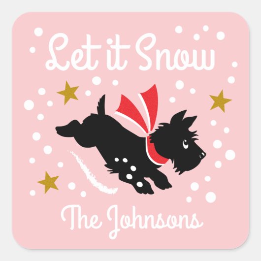 Let it Snow Schattige Scottie Dog Kerstnaam Roze Vierkante Sticker (Voorkant)