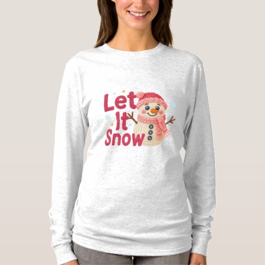 Let It Snow Women’s – Faux Embroidery Snowman T-shirt (Voorkant)