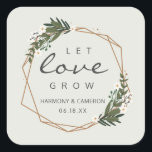 Let Love Grow Boho Geometric Gold Wedding Vierkante Sticker<br><div class="desc">Modern boho bruiloft bevoordeelt stickers met de boodschap "Let Love Grow" en je namen en afspraakjes in een gouden geometrische lijst omringd door groen-witte bloemen. Een botanisch ontwerp dat perfect is voor een bohemen bruiloft in de zomer. Deze stickers zijn een geweldige manier om een persoonlijke aanraking toe te voegen...</div>