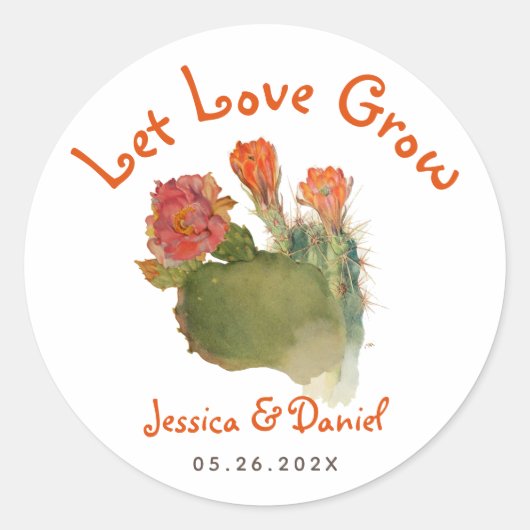 Let Love Grow Cactus Botanical Wedding Red Flowers Ronde Sticker (Voorkant)