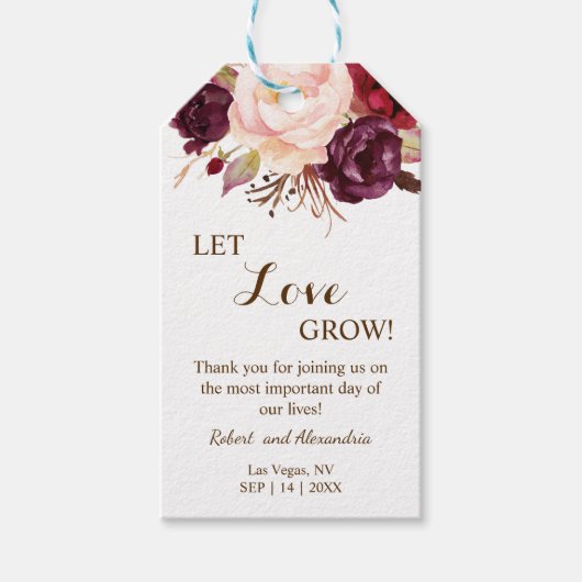 Let Love Grow Marsala Flowers Weddenschap Favor Cadeaulabel (Voorkant)