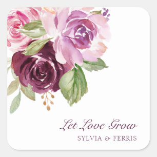 Let Love Grow Moody Plum Waterverf Floral Wedding Vierkante Sticker