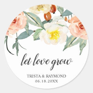 Let Love Grow Peach Floral Wedding Favor Ronde Sticker